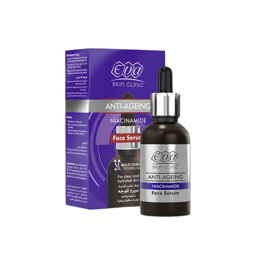 Eva Skin Clinic anti-ageing niacinamide face serum glass dropper bottle with purple box packaging