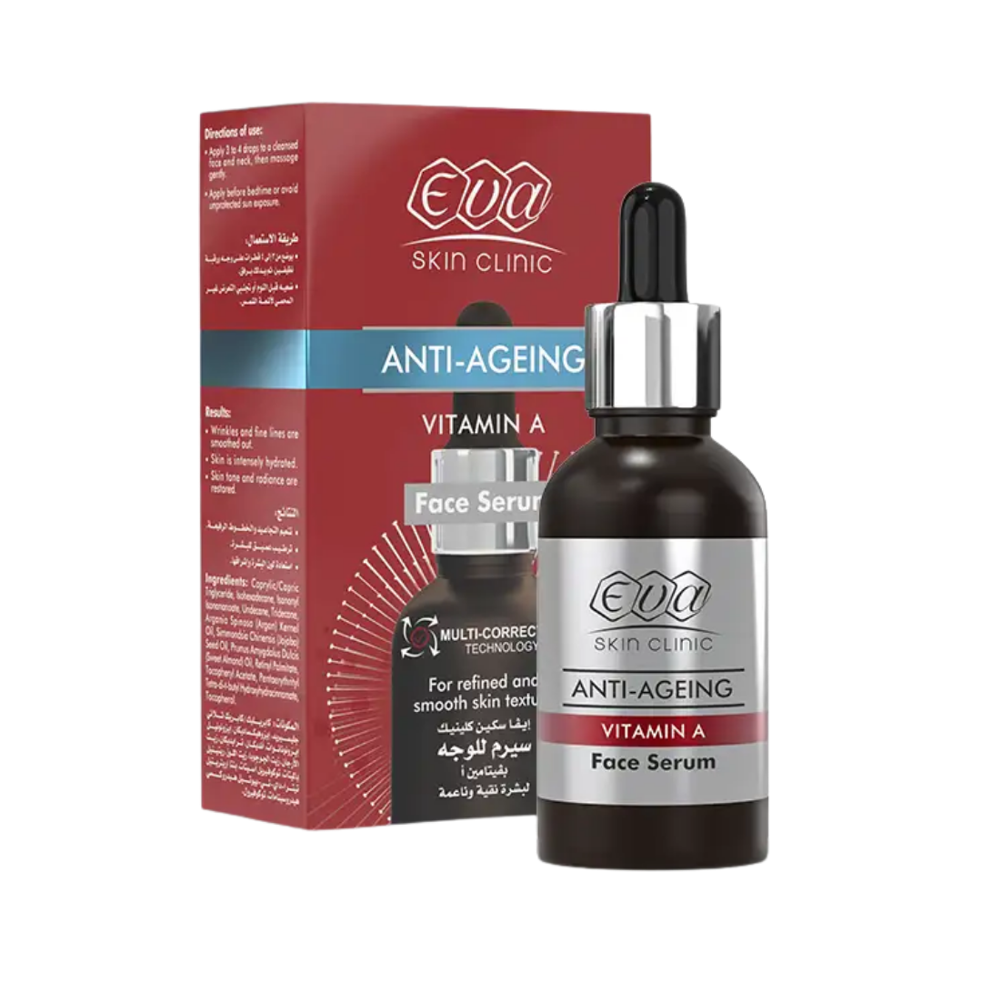 EVA Skin Clinic Anti-Ageing Vitamin A face serum, glass dropper bottle with outer carton packaging
