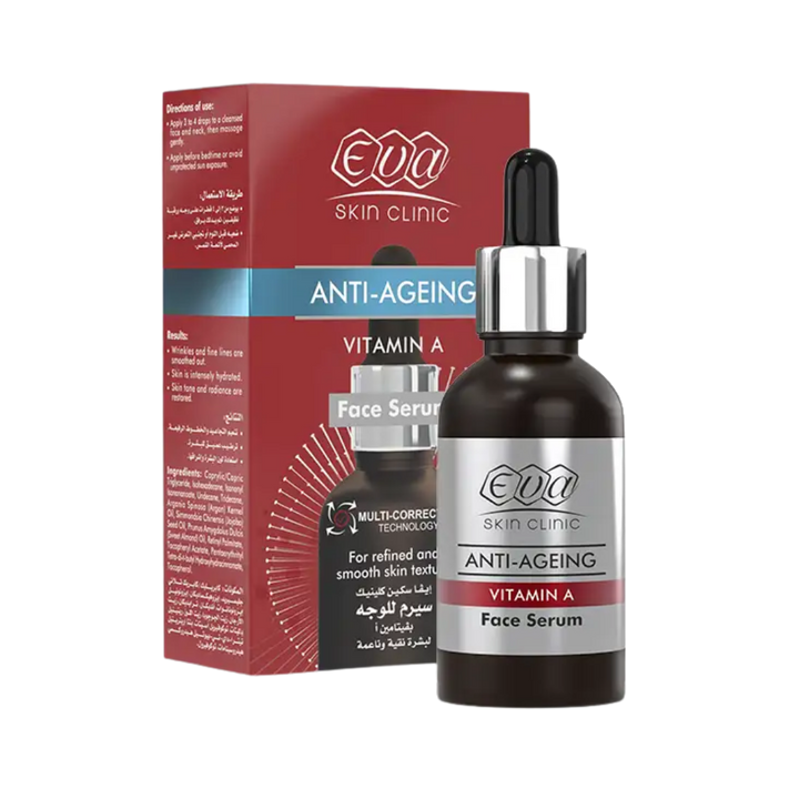 EVA Skin Clinic Anti-Ageing Vitamin A face serum, glass dropper bottle with outer carton packaging
