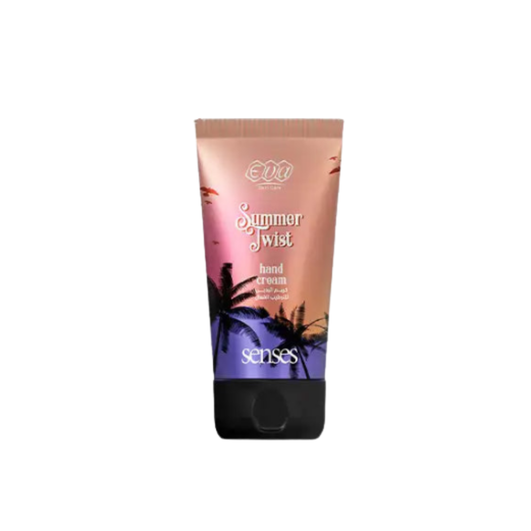 Eva Senses Summer Twist hand cream, small peach and purple tube with palm tree design.