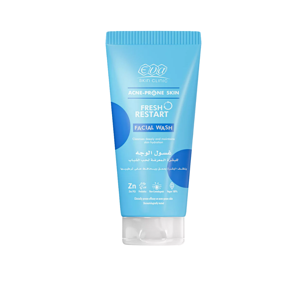 Eva Skin Clinic Fresh Restart facial wash tube, acne-prone skin formula with zinc PCA, 150 ml packaging.