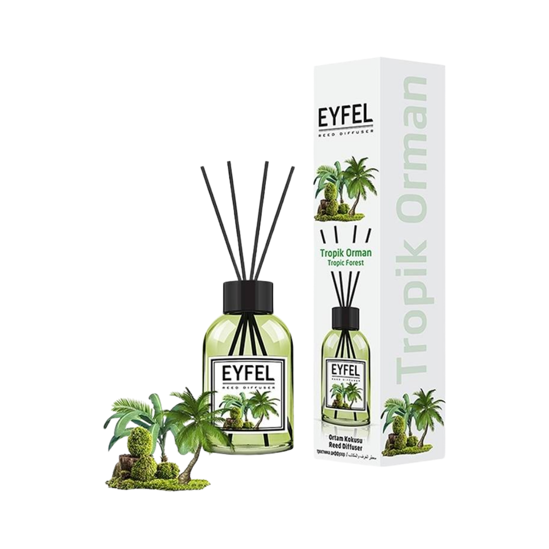 Eyfel reed diffuser Tropical Forest fragrance, 110 ml glass bottle with black reeds and printed box packaging
