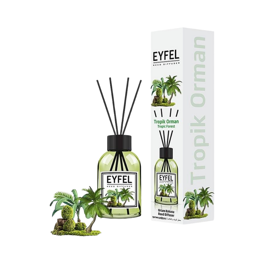 Eyfel reed diffuser Tropical Forest fragrance, 110 ml glass bottle with black reeds and printed box packaging
