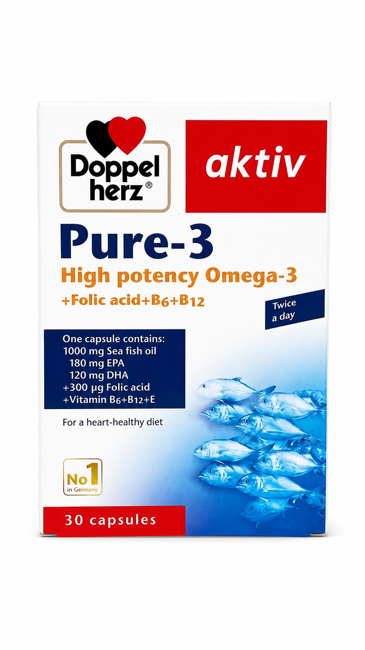 Doppel herz Aktiv Pure-3- 30 Capsules | دوبل هيرز أكتيف بيور-3 أوميغا-3 عالي القوة + حمض الفوليك + B6 + B12