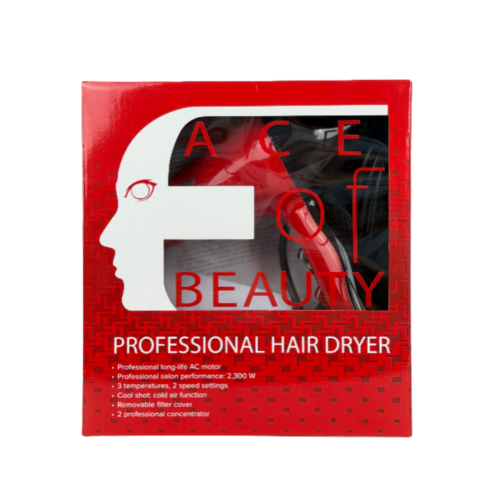 Ace of Beauty professional hair dryer, 2300W AC motor, red retail box packaging with window display