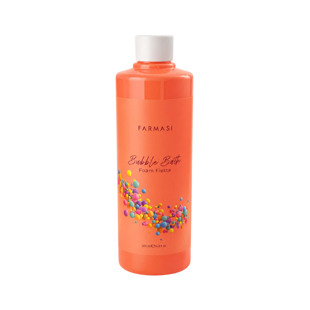 Farmasi Bubble Bath Foam Fiesta, 500ml, coral-orange bottle with white cap and colorful bubble graphics.