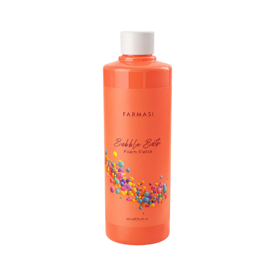 Farmasi Bubble Bath Foam Fiesta, 500ml, coral-orange bottle with white cap and colorful bubble graphics.