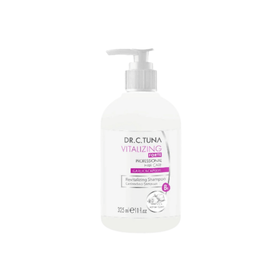 Dr. C. Tuna Vitalizing Forte Garlic Shampoo 325ml white pump bottle with purple label