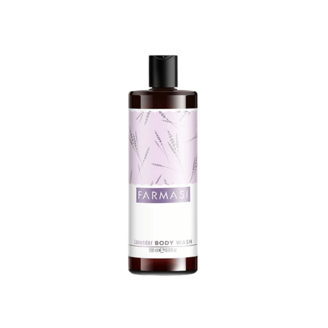 Farmasi Lavender Body Wash, 500ml, dark brown bottle with black flip cap and pale purple botanical label.