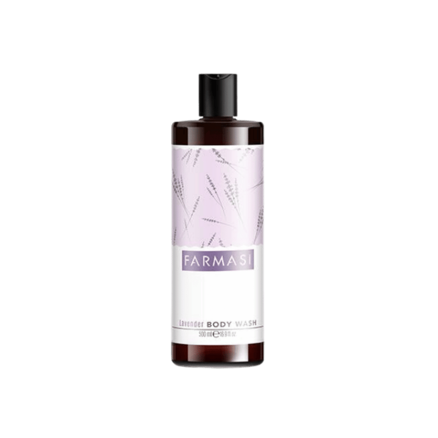 Farmasi Lavender Body Wash, 500ml, dark brown bottle with black flip cap and pale purple botanical label.