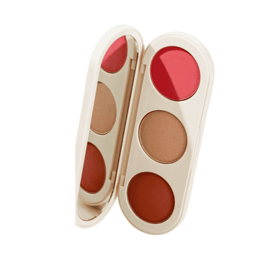 Farmasi 3-in-1 face palette, 13 g, with blush, highlighter, bronzer, mirror, and white compact.