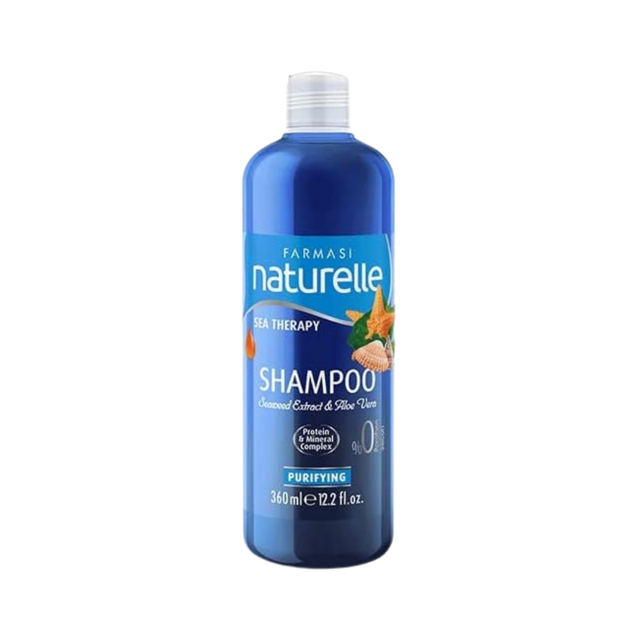 Farmasi Naturelle Sea Therapy purifying shampoo, 360ml, blue bottle with seaweed, aloe vera, and shell graphics.