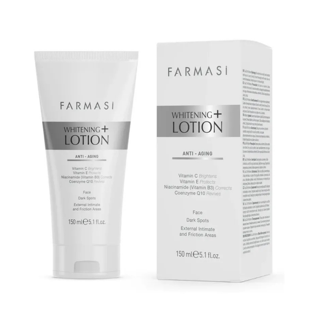 Farmasi Whitening+ Anti Aging Lotion 150ml white tube with matching box and silver label
