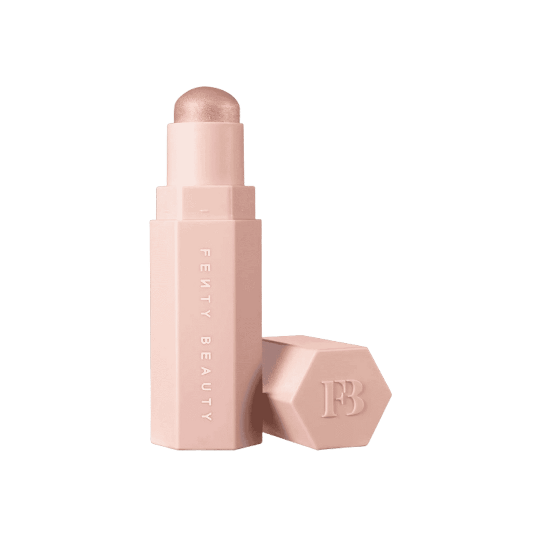Fenty Beauty shimmer skinstick highlighter, nude pink stick with hexagonal cap and champagne shimmer bullet
