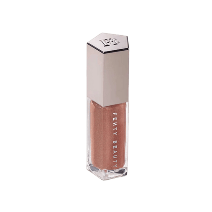 Fenty Beauty lip gloss, nude shimmer shade in clear rectangular tube with pale pink hexagonal cap.