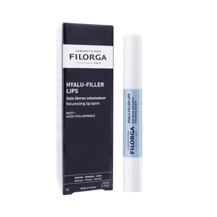 HYALU-FILLER LIPS volumizing lip balm by Filorga, 4g, featuring a sleek white and blue packaging.