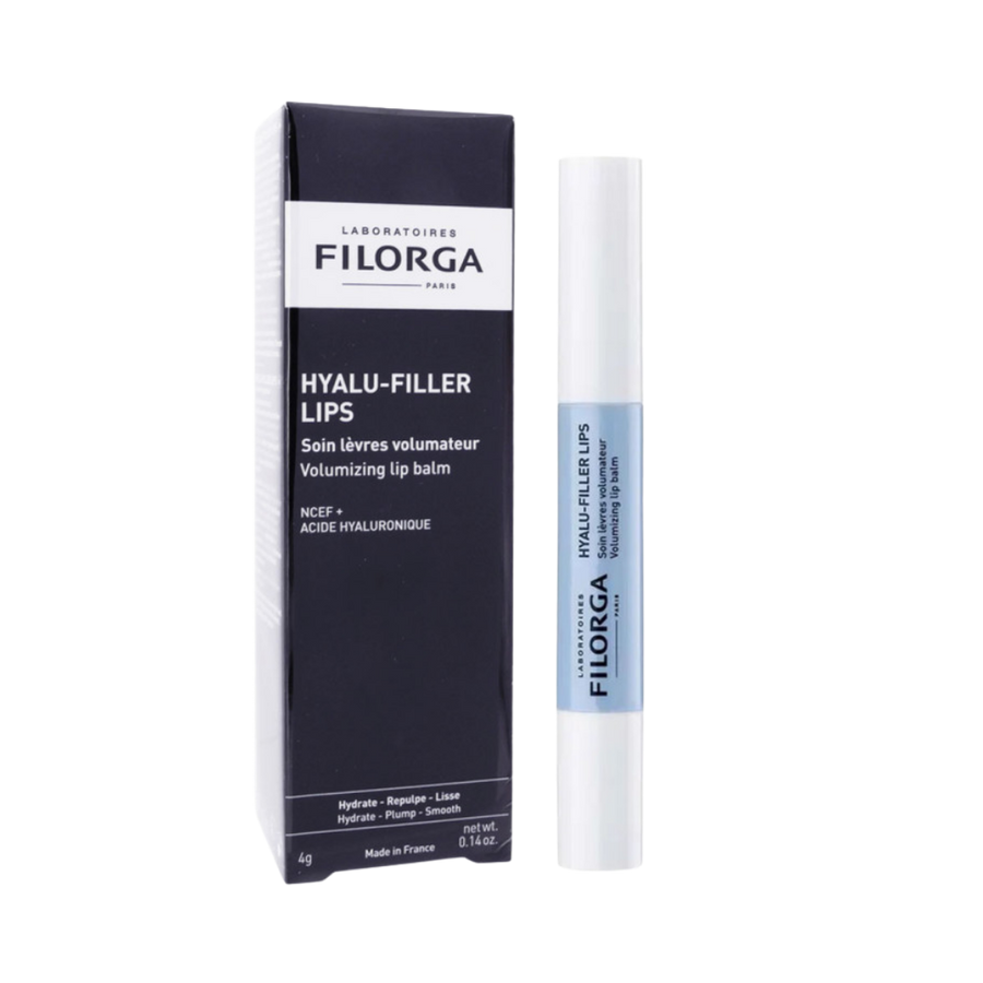 HYALU-FILLER LIPS volumizing lip balm by Filorga, 4g, featuring a sleek white and blue packaging.