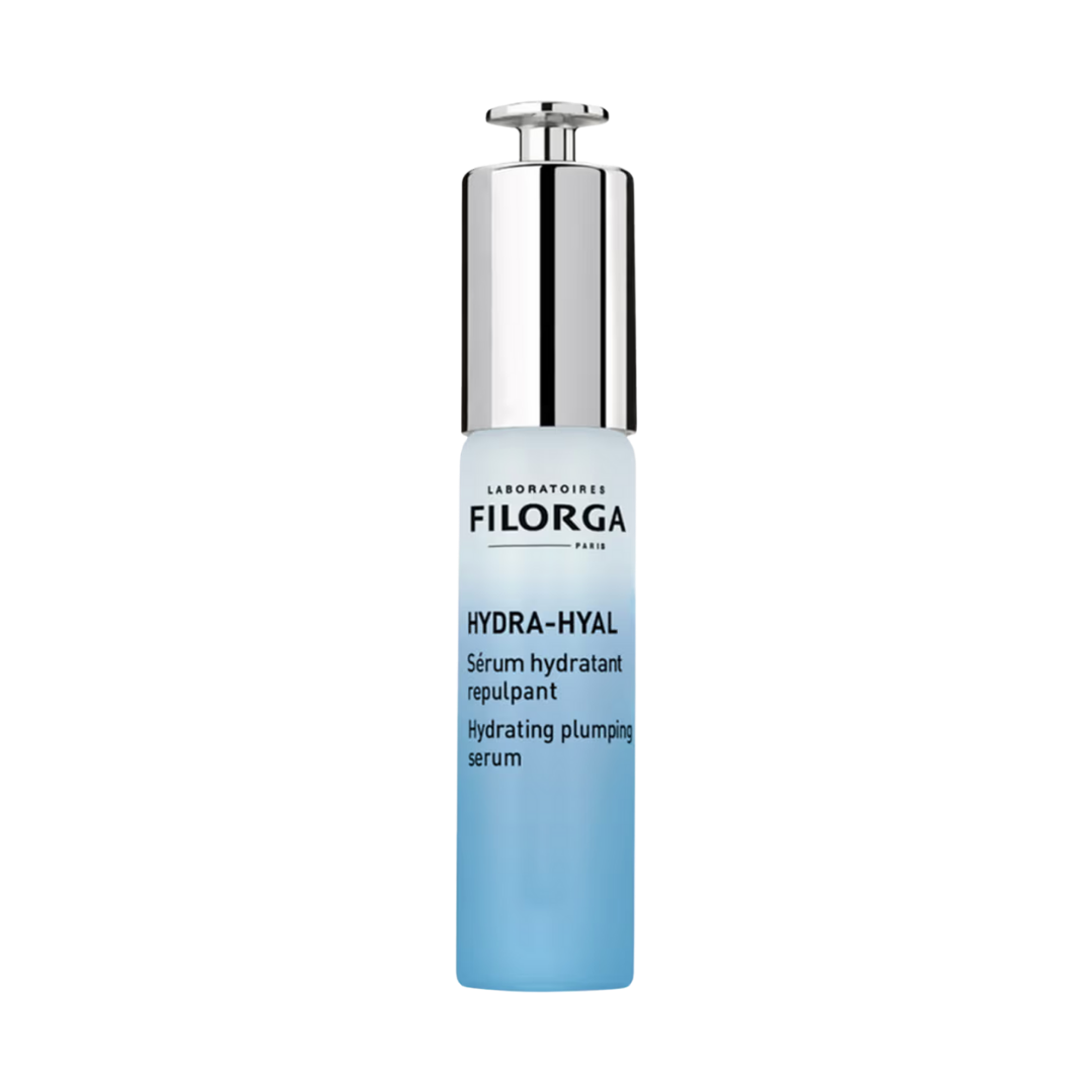 Filorga Hydra-Hyal hydrating plumping serum in blue gradient bottle with silver pump dispenser
