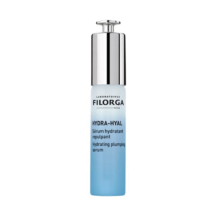 Filorga Hydra-Hyal hydrating plumping serum in blue gradient bottle with silver pump dispenser
