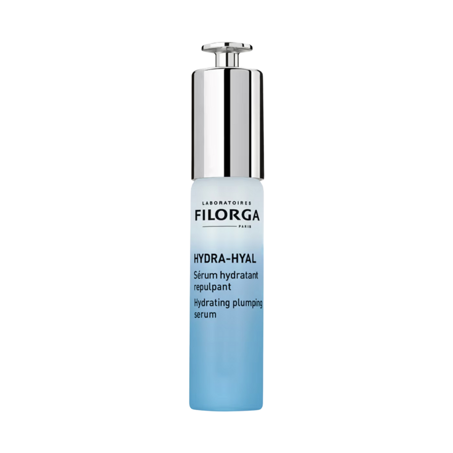 Filorga Hydra-Hyal hydrating plumping serum in blue gradient bottle with silver pump dispenser
