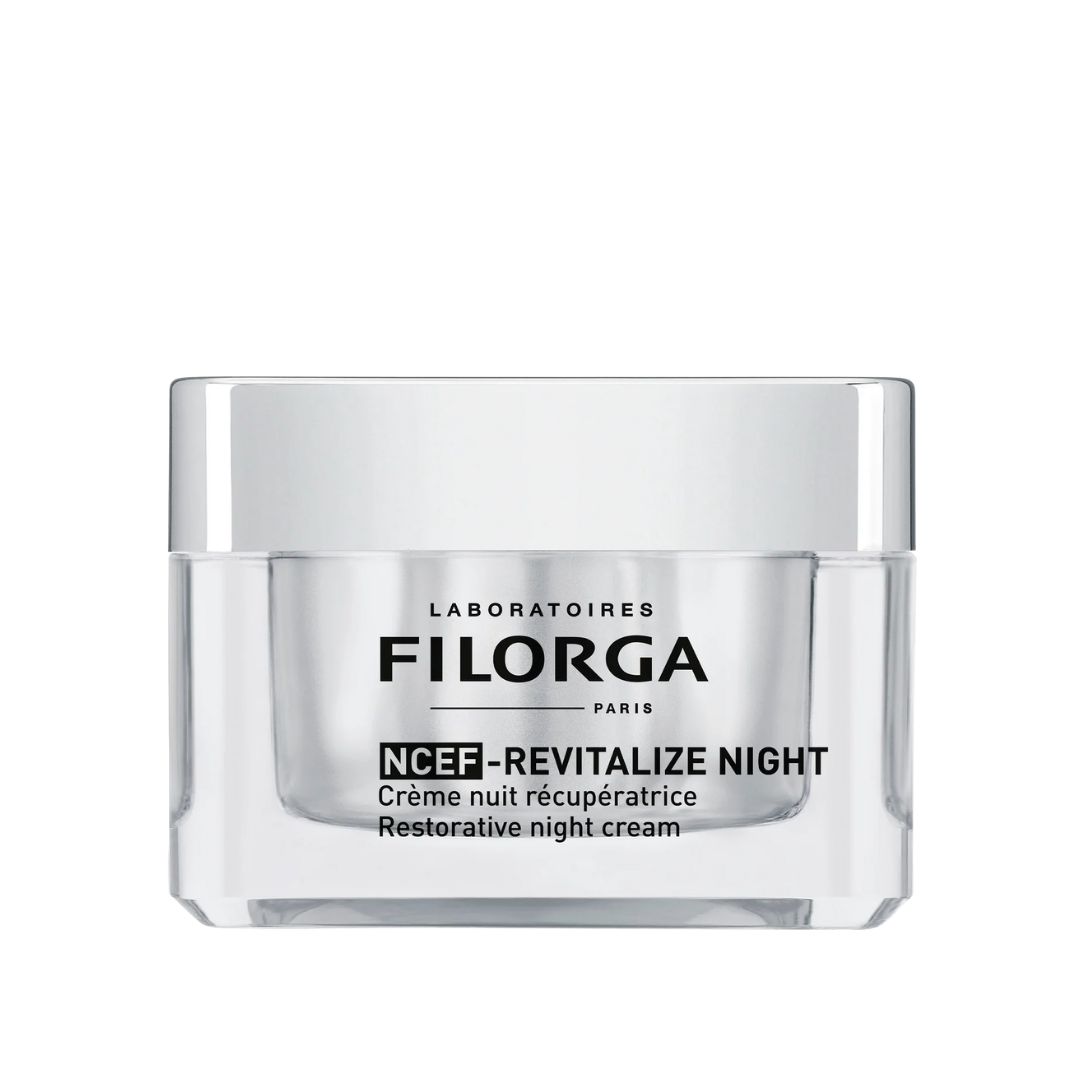 Filorga NCEF-Revitalize Night cream, clear glass jar with silver lid, restorative night cream labeling
