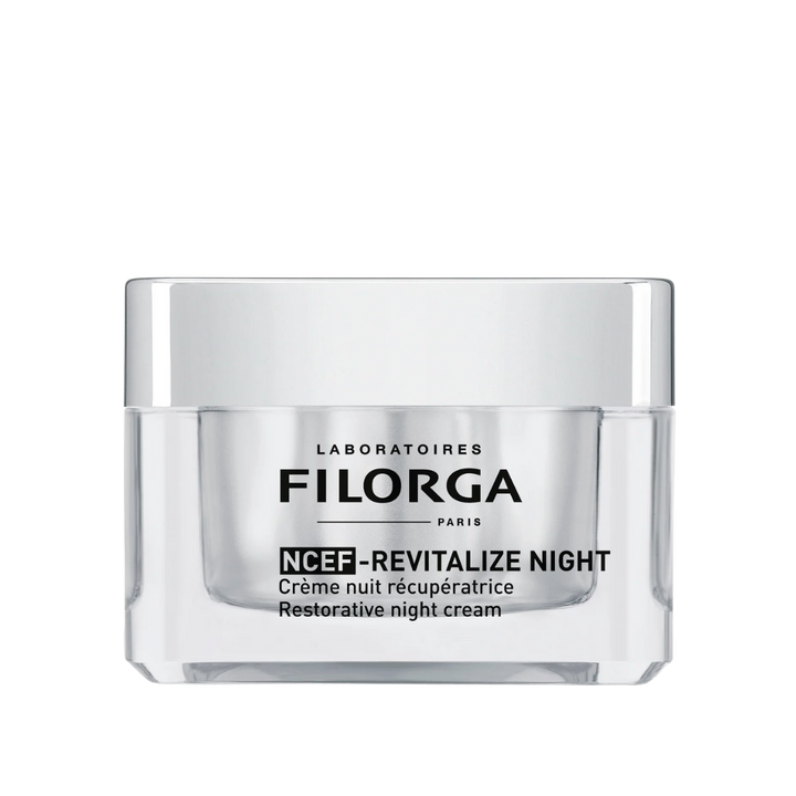 Filorga NCEF-Revitalize Night cream, clear glass jar with silver lid, restorative night cream labeling