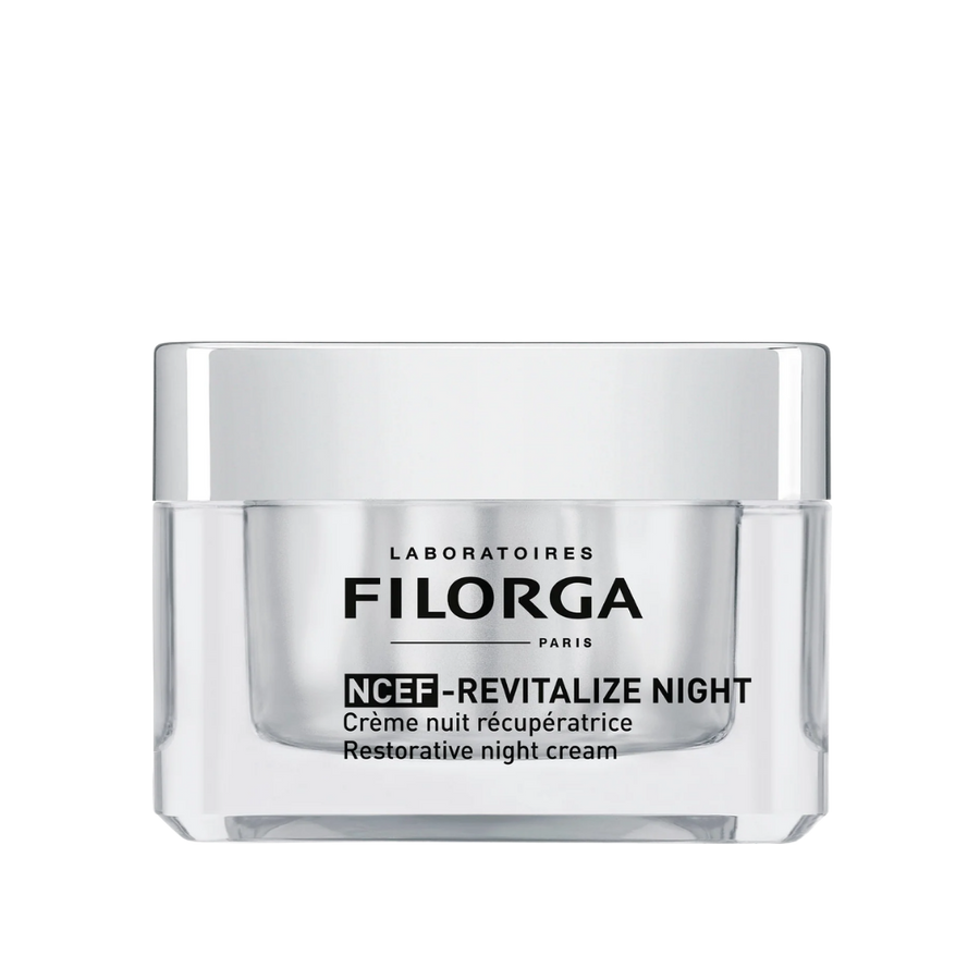 Filorga NCEF-Revitalize Night cream, clear glass jar with silver lid, restorative night cream labeling
