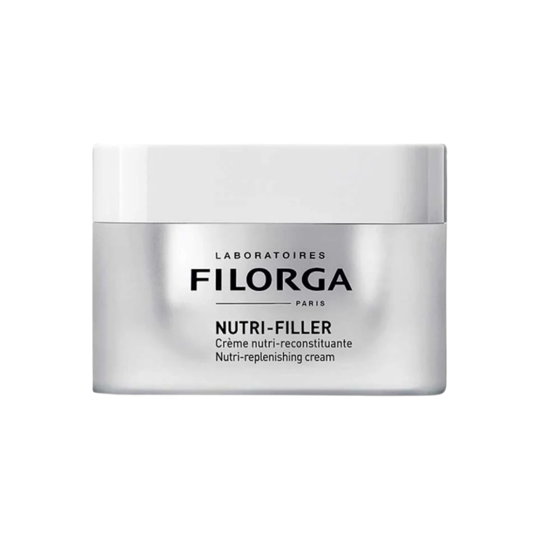 Filorga Nutri-Filler cream, silver jar with white lid, nutri-replenishing face cream labeling