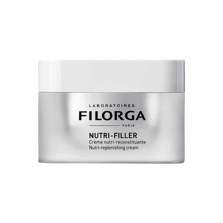 Filorga Nutri-Filler cream, silver jar with white lid, nutri-replenishing face cream labeling