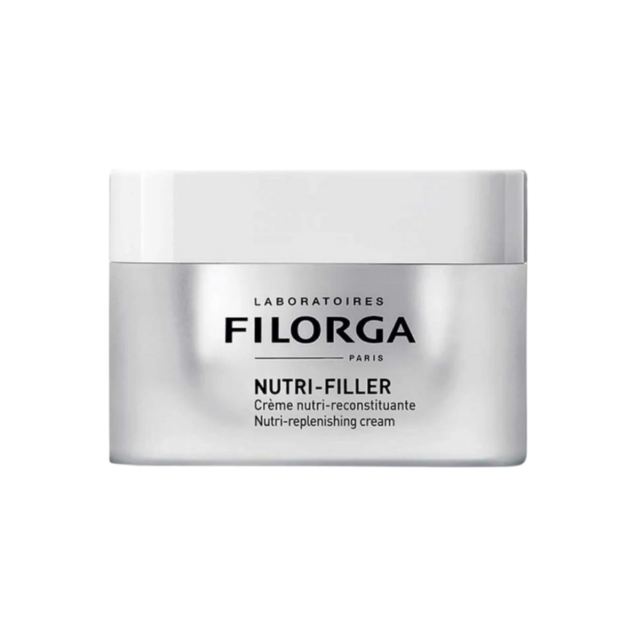 Filorga Nutri-Filler cream, silver jar with white lid, nutri-replenishing face cream labeling