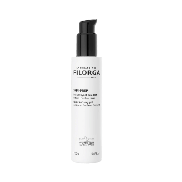 Filorga Skin-Prep AHA cleansing gel bottle, facial cleanser with pump, 150ml white packaging.
