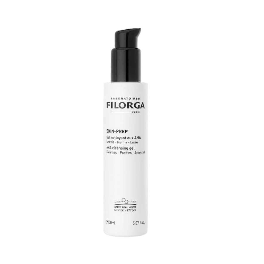 Filorga Skin-Prep AHA cleansing gel bottle, facial cleanser with pump, 150ml white packaging.