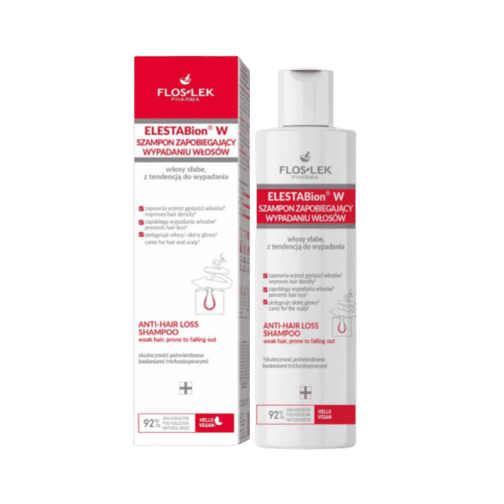 FLOSLEK PHARMA ELESTABion W Hair Loss Prevention Shampoo, 200ml, white bottle with red label packaging.