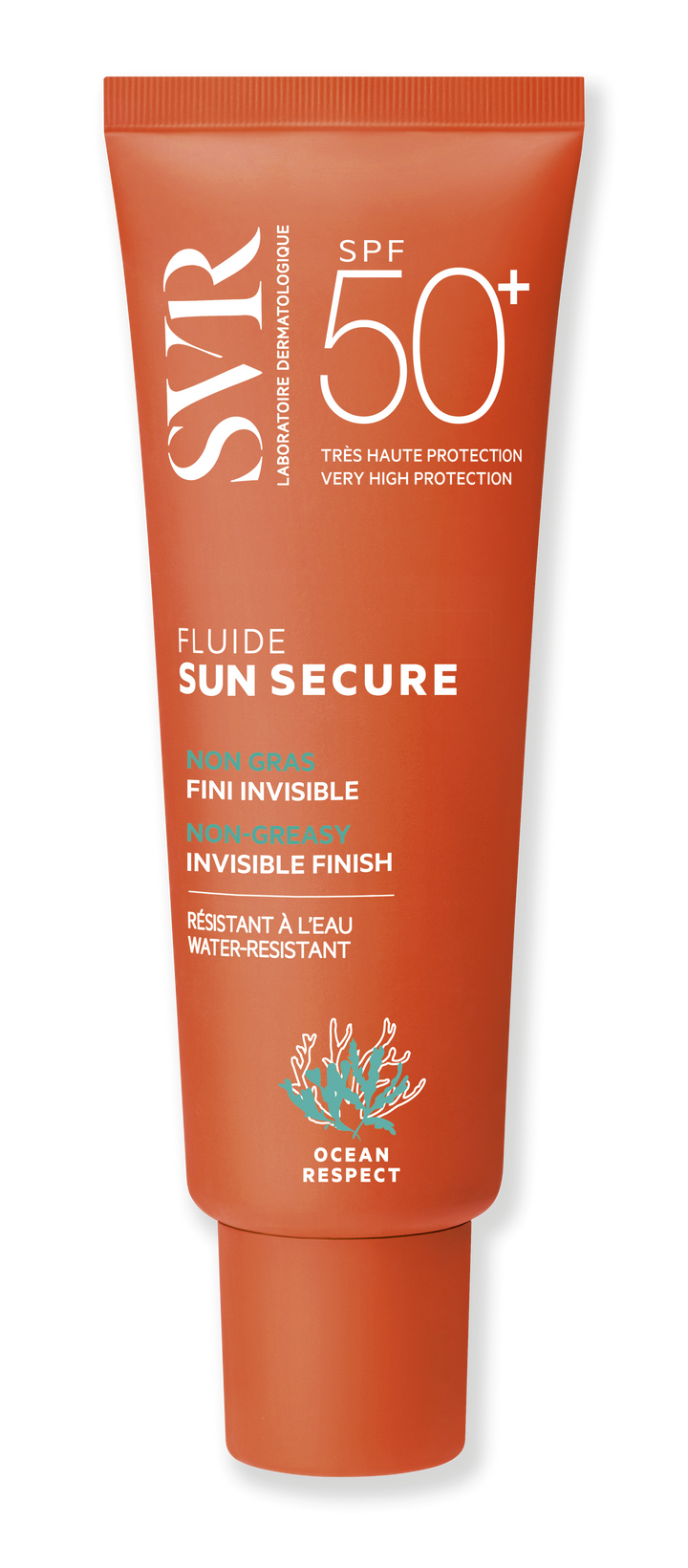 Fluide Sun Secure SPF 50+ sunscreen by SVR, water-resistant, non-greasy, invisible finish, 50ml.
