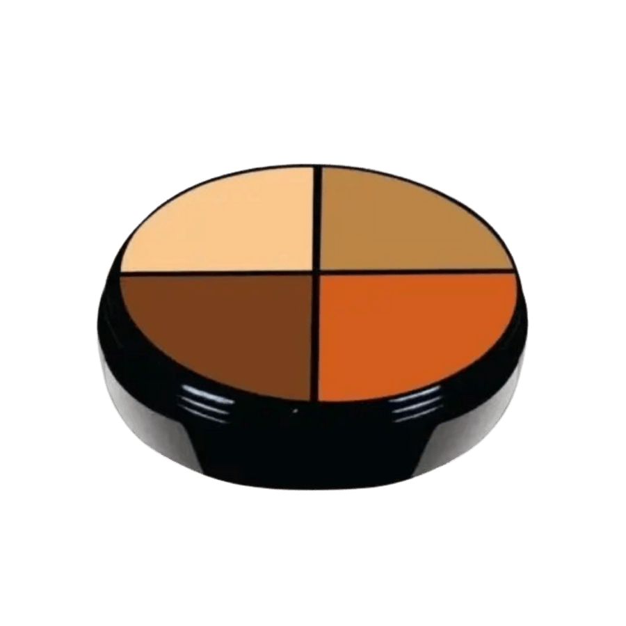 Four-shade contour and concealer palette in black round compact with beige brown and orange pans