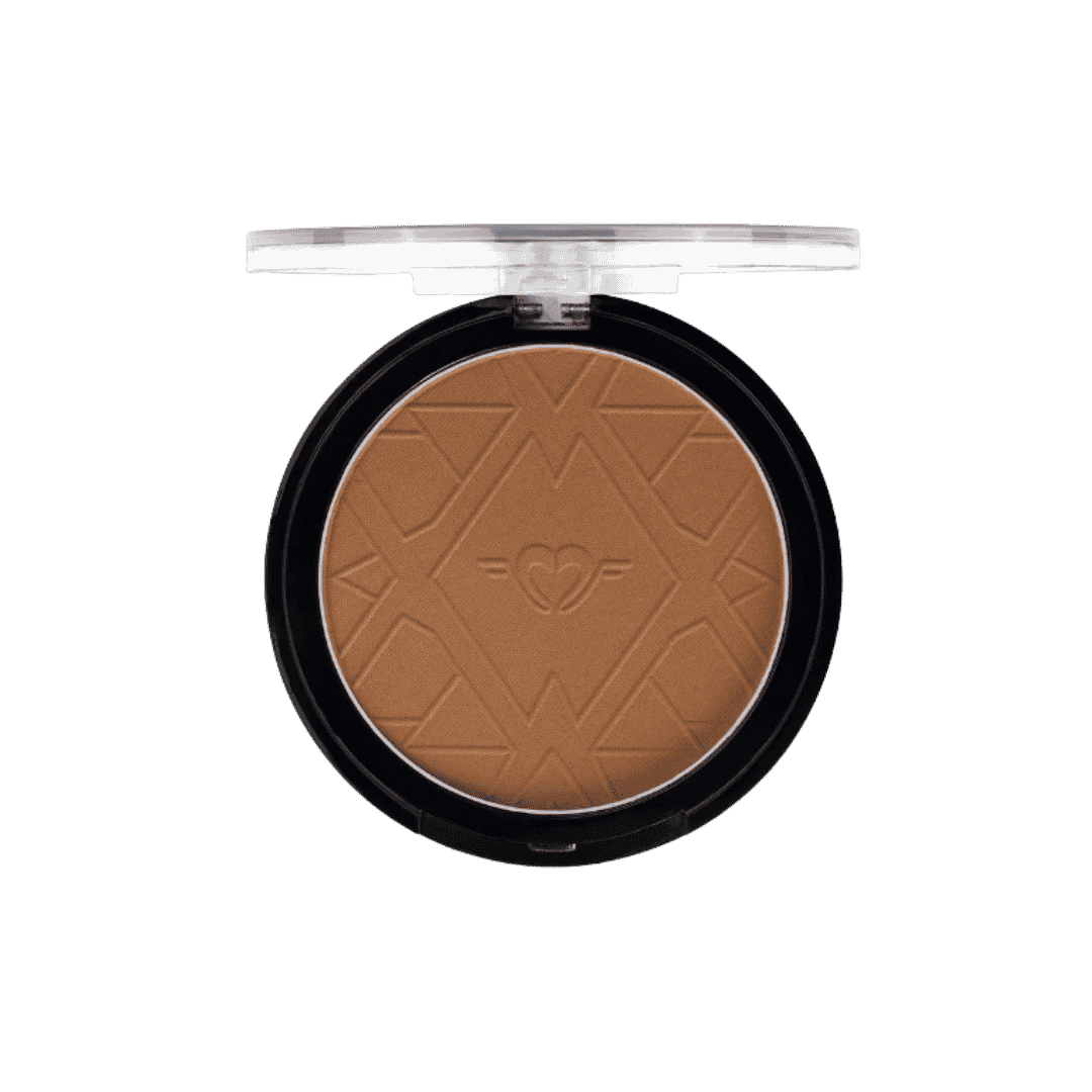 Round bronzing powder compact with clear lid, black case, embossed heart logo and geometric design