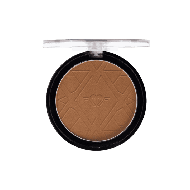 Round bronzing powder compact with clear lid, black case, embossed heart logo and geometric design