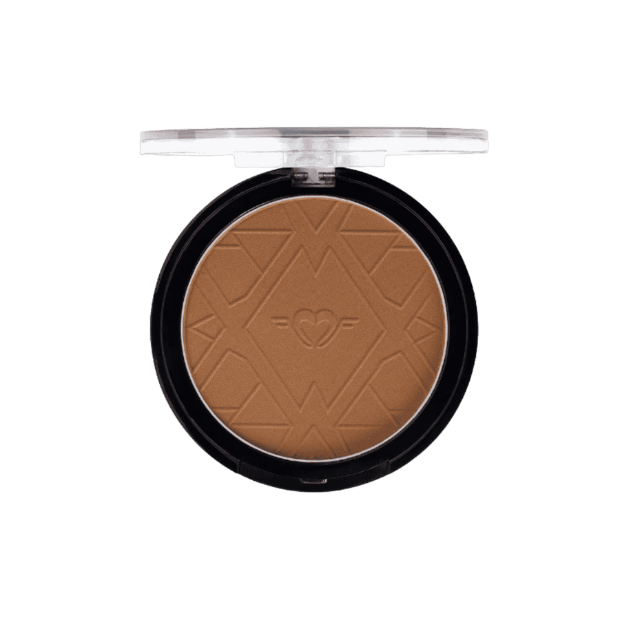 Round bronzing powder compact with clear lid, black case, embossed heart logo and geometric design