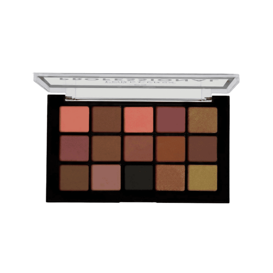 Makeup Revolution Reloaded eyeshadow palette with 15 warm neutral, berry, black, and gold shades