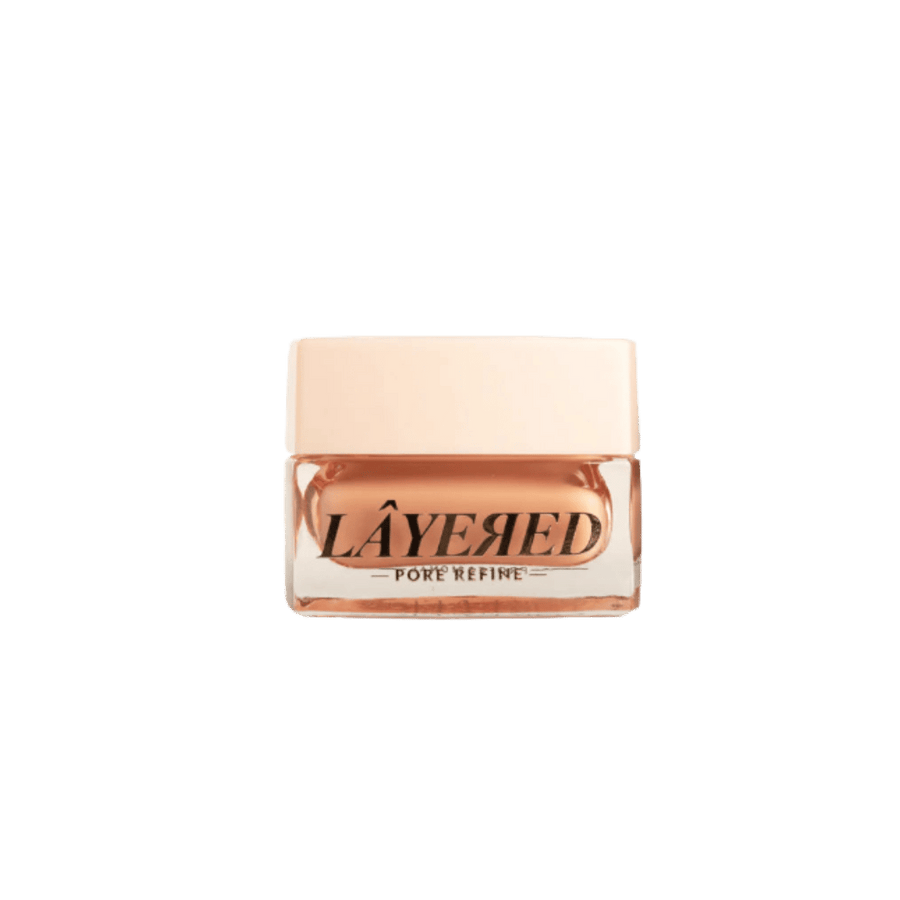 LÂYERED Pore Refiner, clear glass jar with peach cream and beige lid
