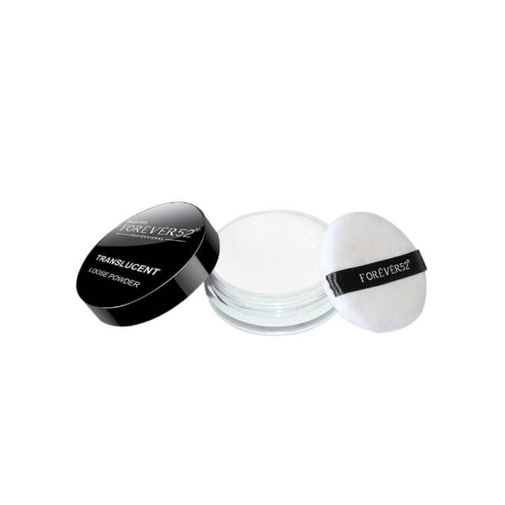 Daily Life Forever52 translucent loose powder in clear jar with black lid and branded puff