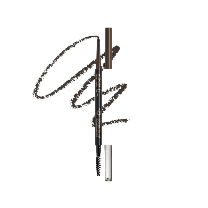 Flormar Wonder Brow Liner eyebrow pencil with spoolie brush, dark brown cap and smudged swatch