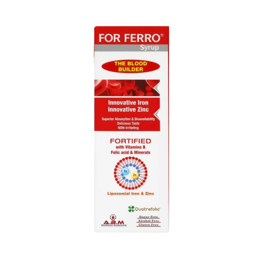 For Ferro Syrup, a blood builder syrup, fortified with innovative iron, zinc, B vitamins, folic acid, and minerals, 150ml packaging. Alcohol-free, gluten-free, and sugar-free.