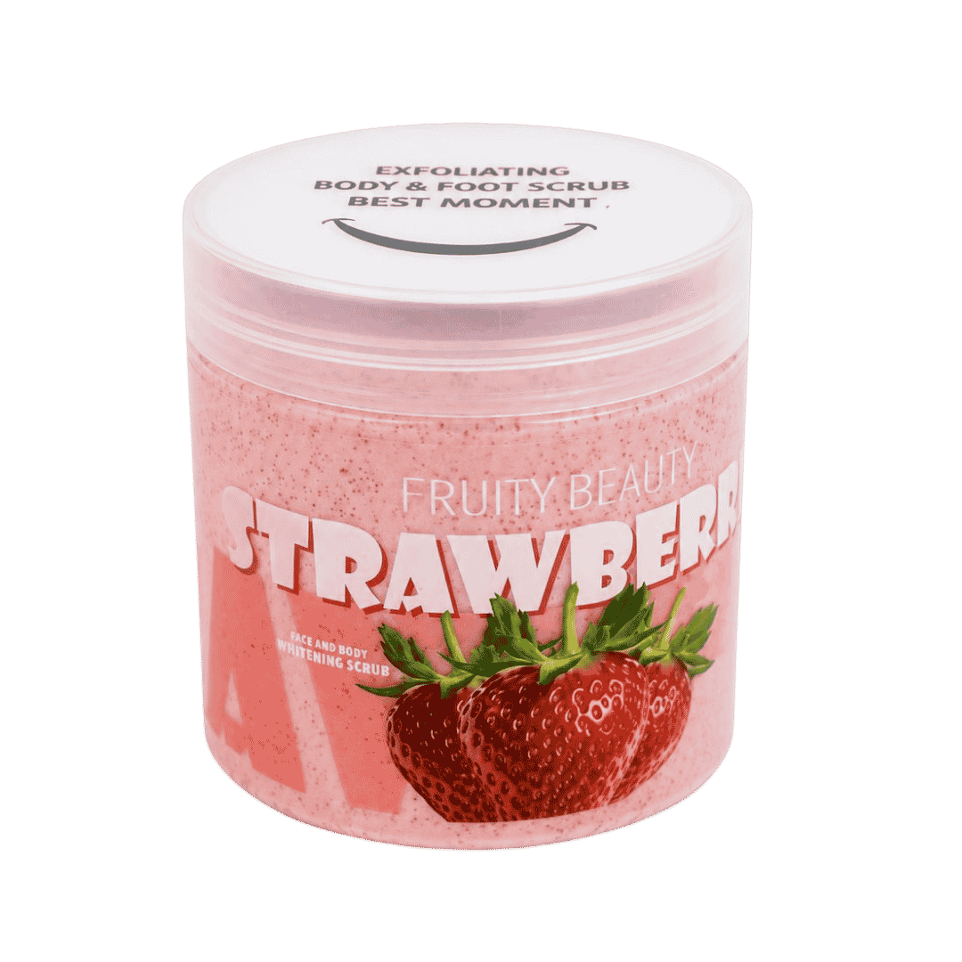 Clear jar of FRUITY BEAUTY face and body scrub, strawberry scent, 521ml, white lid, visible branding and text on packaging.