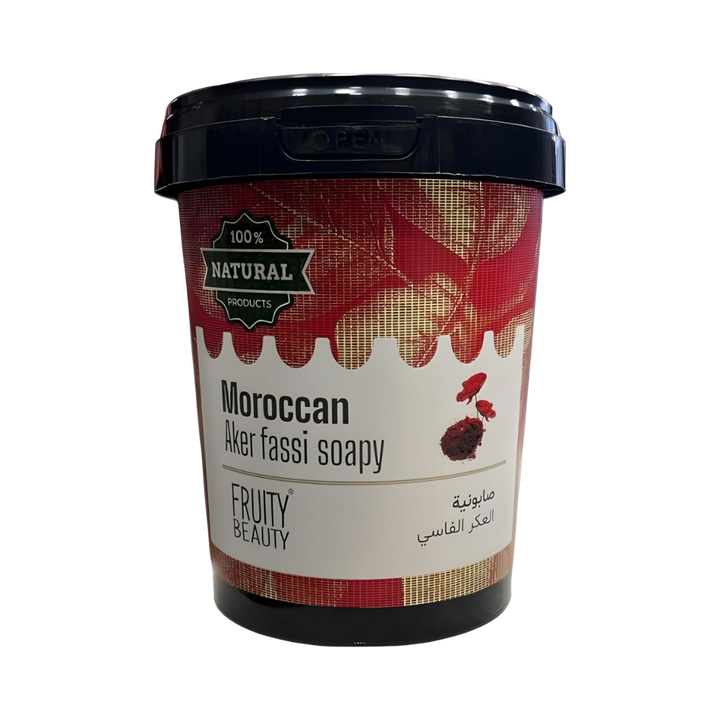 FRUITY BEAUTY Moroccan Aker Fassi Soapy 600ml black tub with red and white label.
