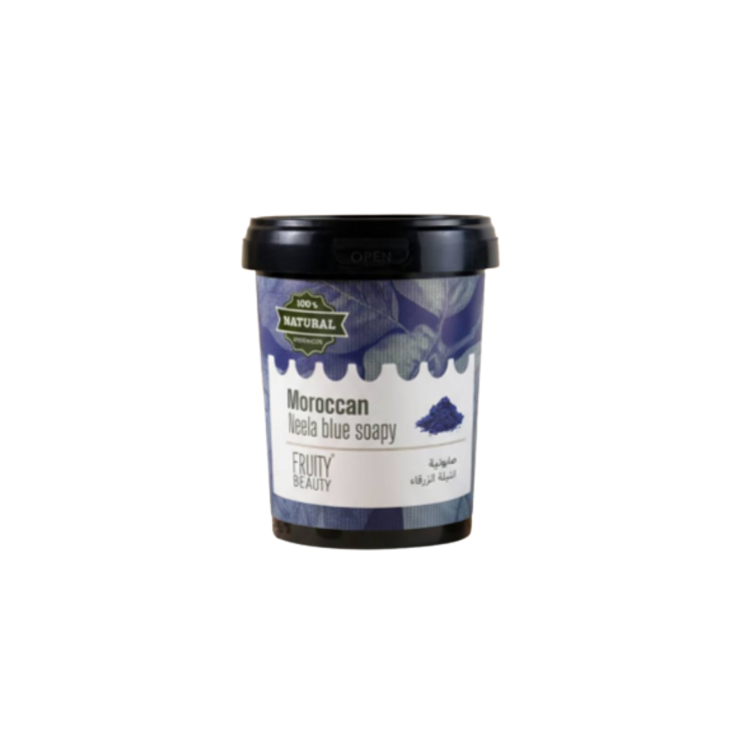 Fruity Beauty Moroccan Neela Blue Soapy in black tub, 100% natural, blue herbal formula.