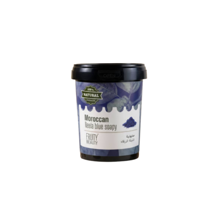 Fruity Beauty Moroccan Neela Blue Soapy in black tub, 100% natural, blue herbal formula.