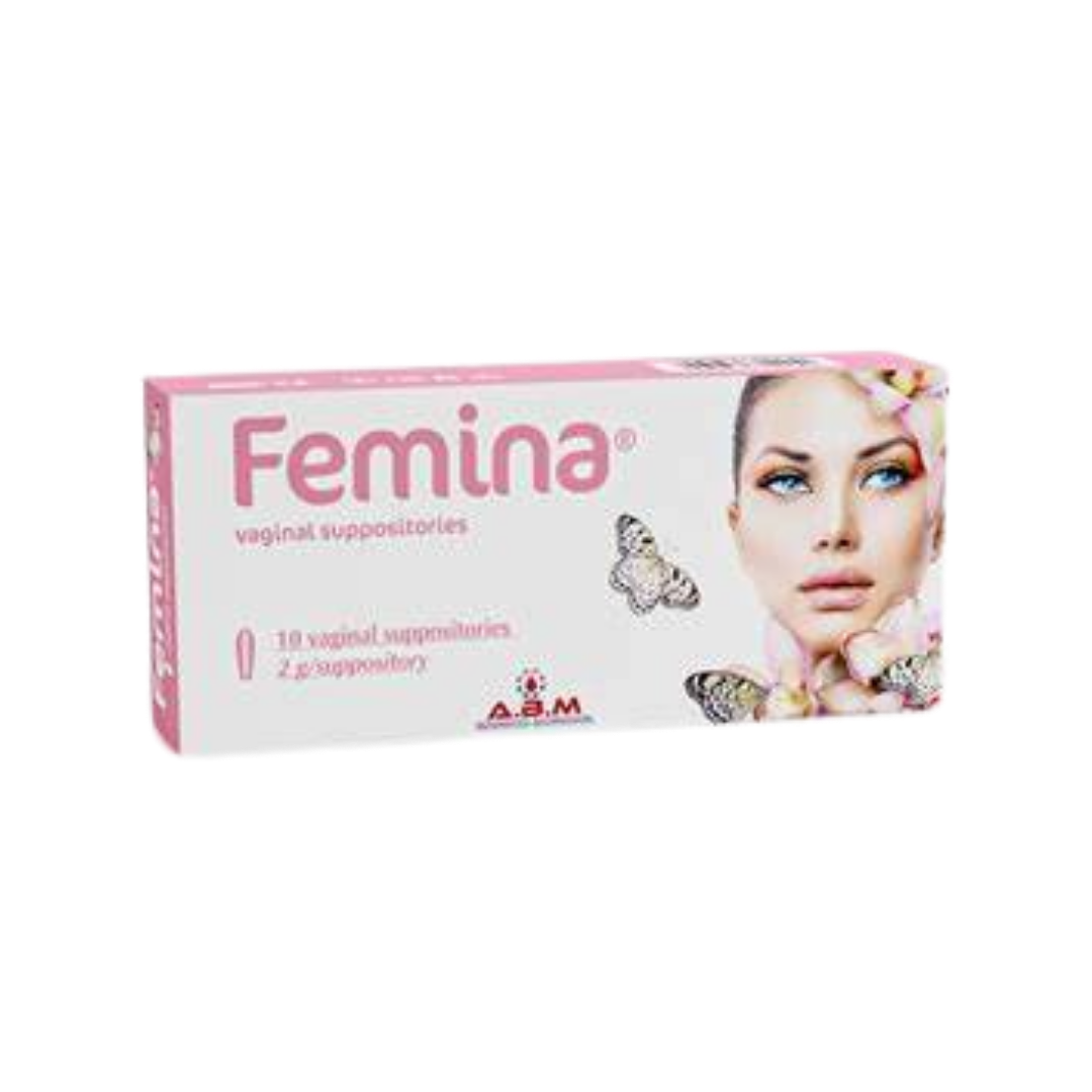 Femina Vaginal Suppositories, 10 suppositories, 2g each, for maintaining vaginal health and preventing infections.

