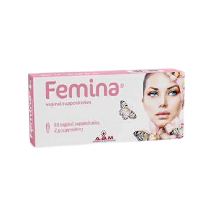 Femina Vaginal Suppositories, 10 suppositories, 2g each, for maintaining vaginal health and preventing infections.
