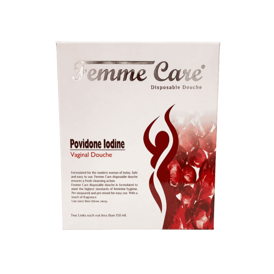 Femme Care Disposable Vaginal Douche with Povidone Iodine, 150ml per unit, offering safe and easy feminine hygiene with a touch of fragrance. Two units per package.